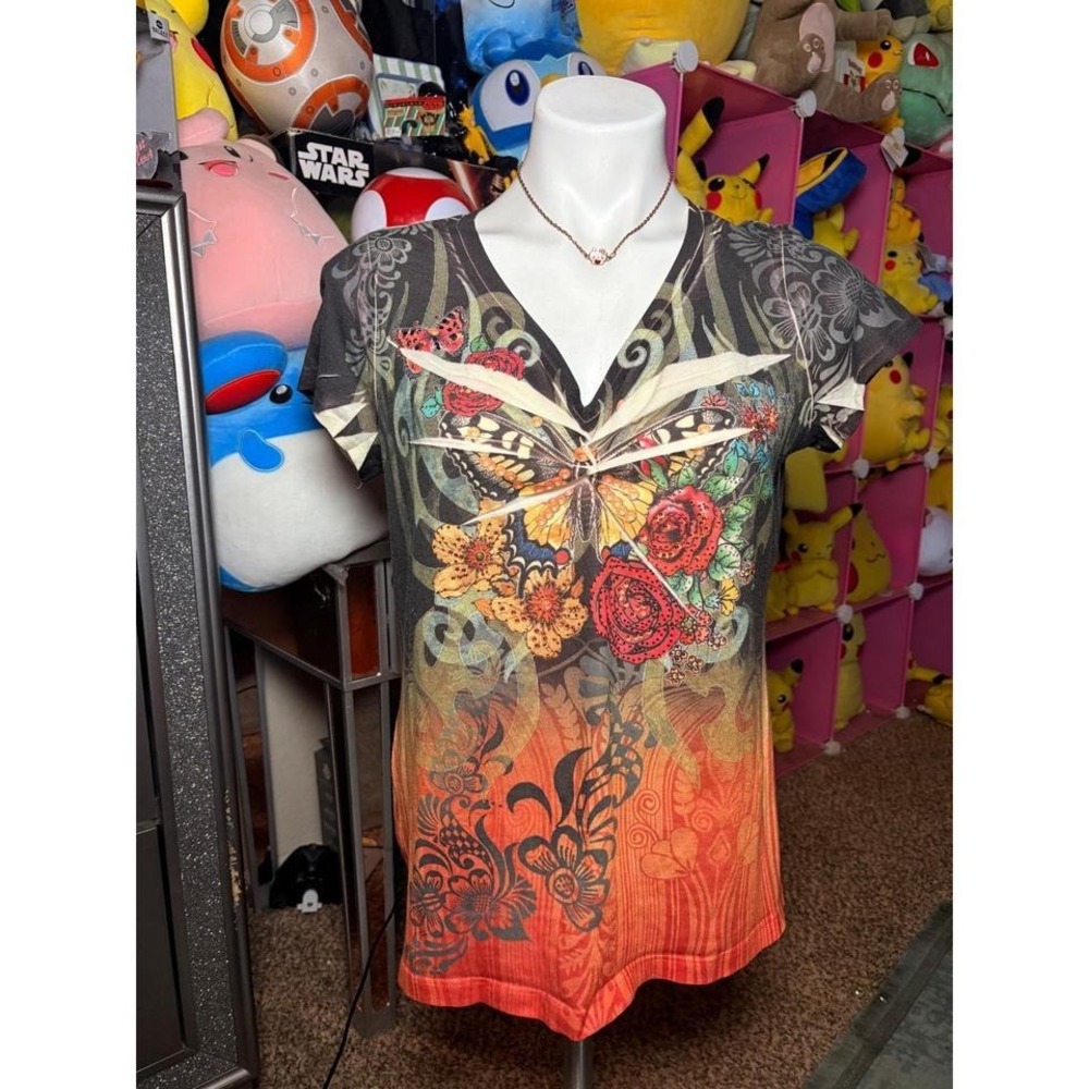 Y2K B.L.E.U. Butterfly Floral Graphic V-Neck Top Orange Grey Mall Goth Large #2